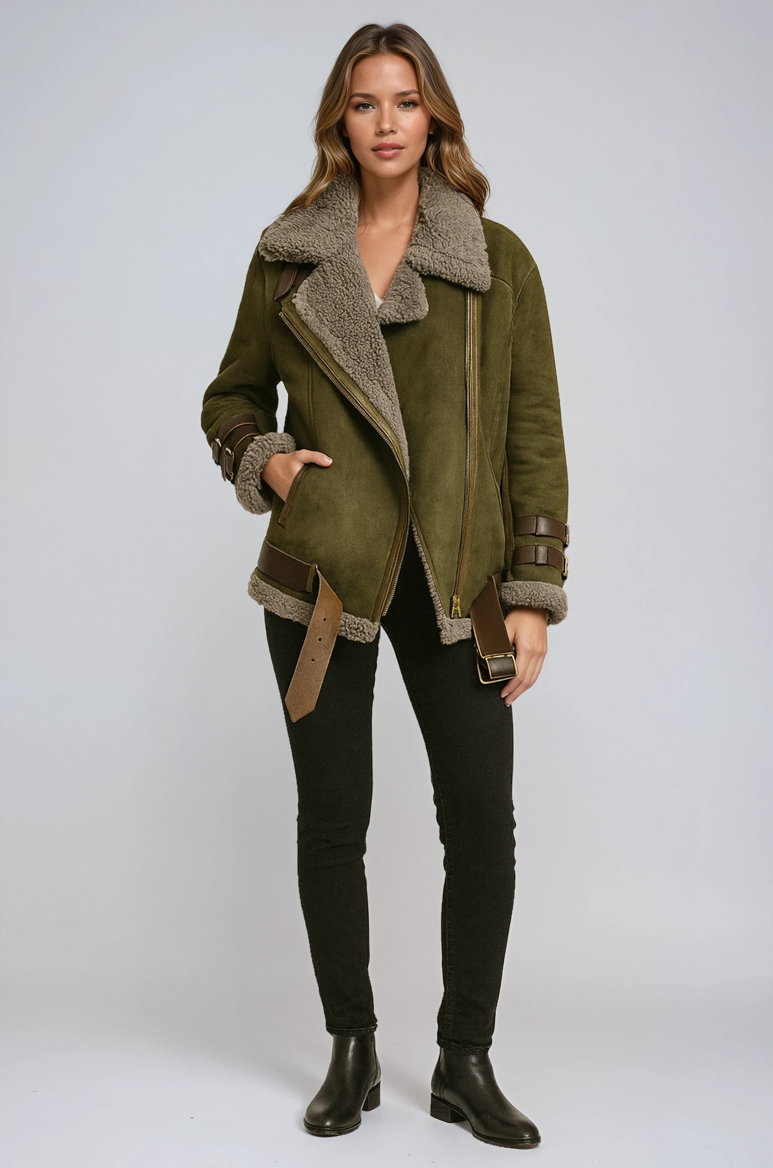 Kurtka Zimowa Pilotka Damska | Z Kożuchem i Paskiem