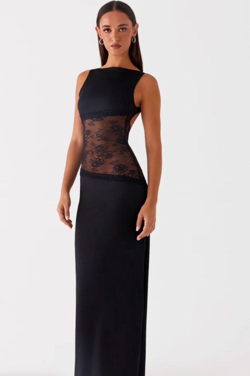 Suknia Maxi Damska | Koronkowa Talia & Wysoki Dekolt