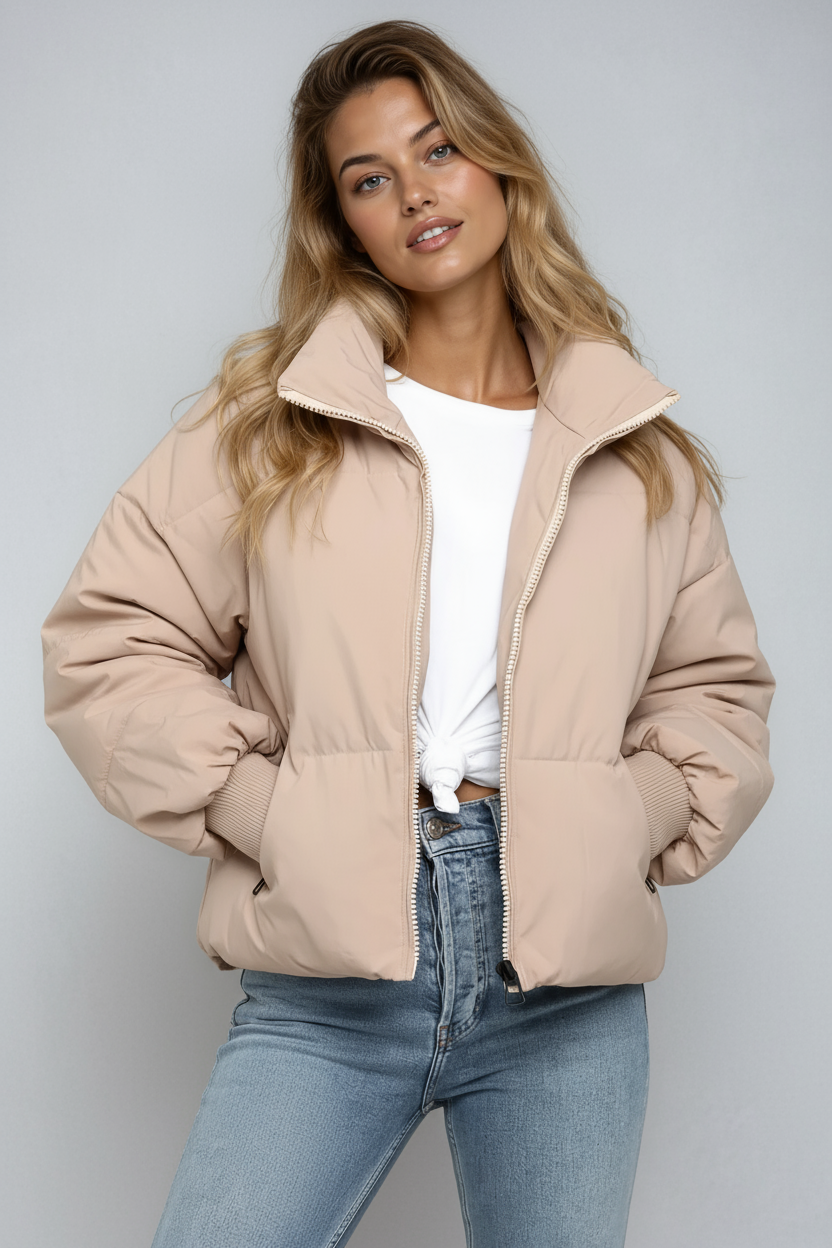 Damska Kurtka Pikowana | Krótki Model z Wysokim Kołnierzem