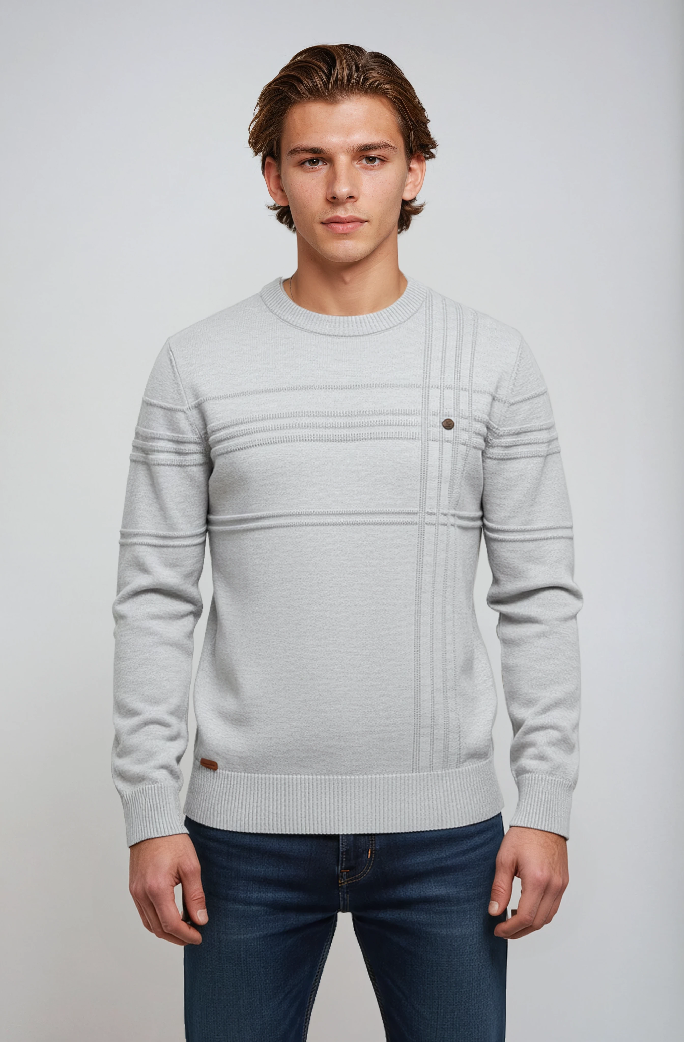 Renvor - Sweter Męski Prążkowany Z Okrągłym Dekoltem