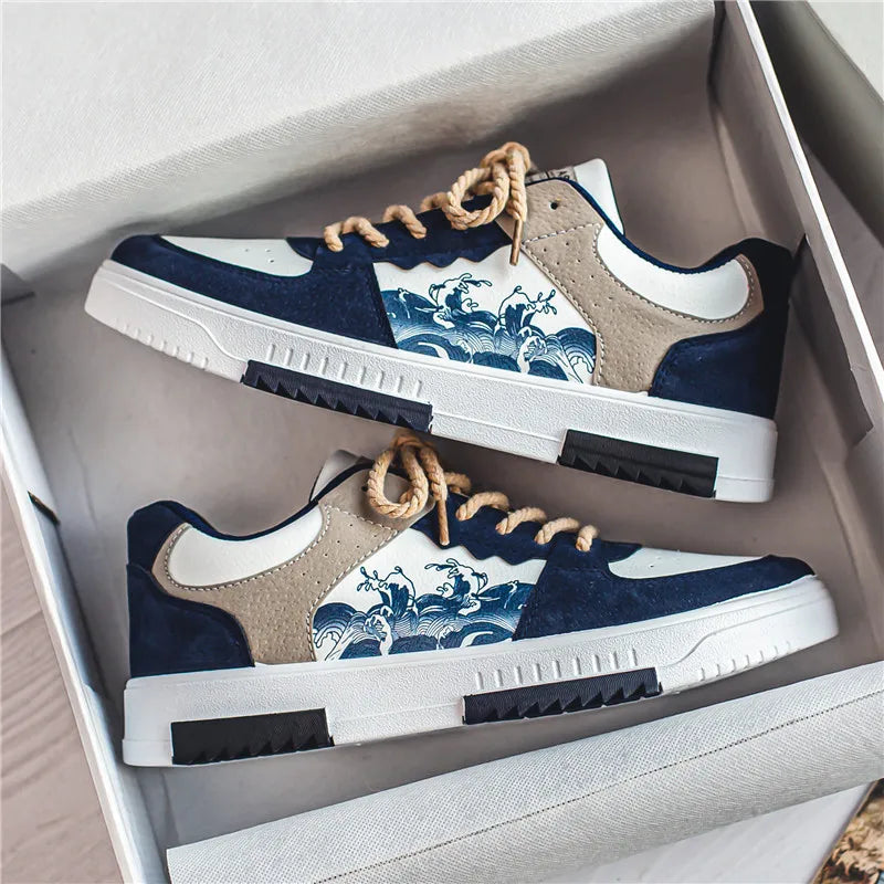 Olek | Męskie Sneakersy z Nadrukiem Fali i Niską Podeszwą