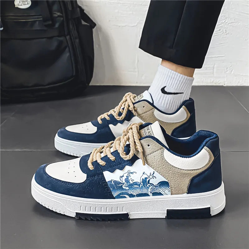 Olek | Męskie Sneakersy z Nadrukiem Fali i Niską Podeszwą