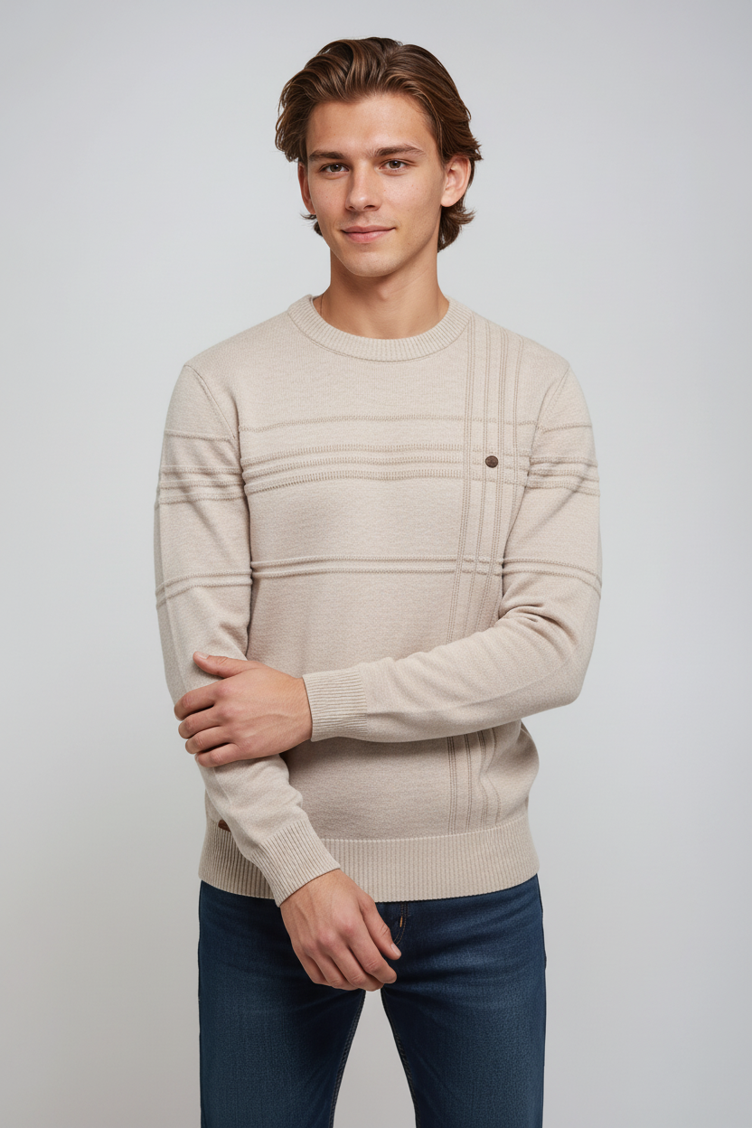 Renvor - Sweter Męski Prążkowany Z Okrągłym Dekoltem