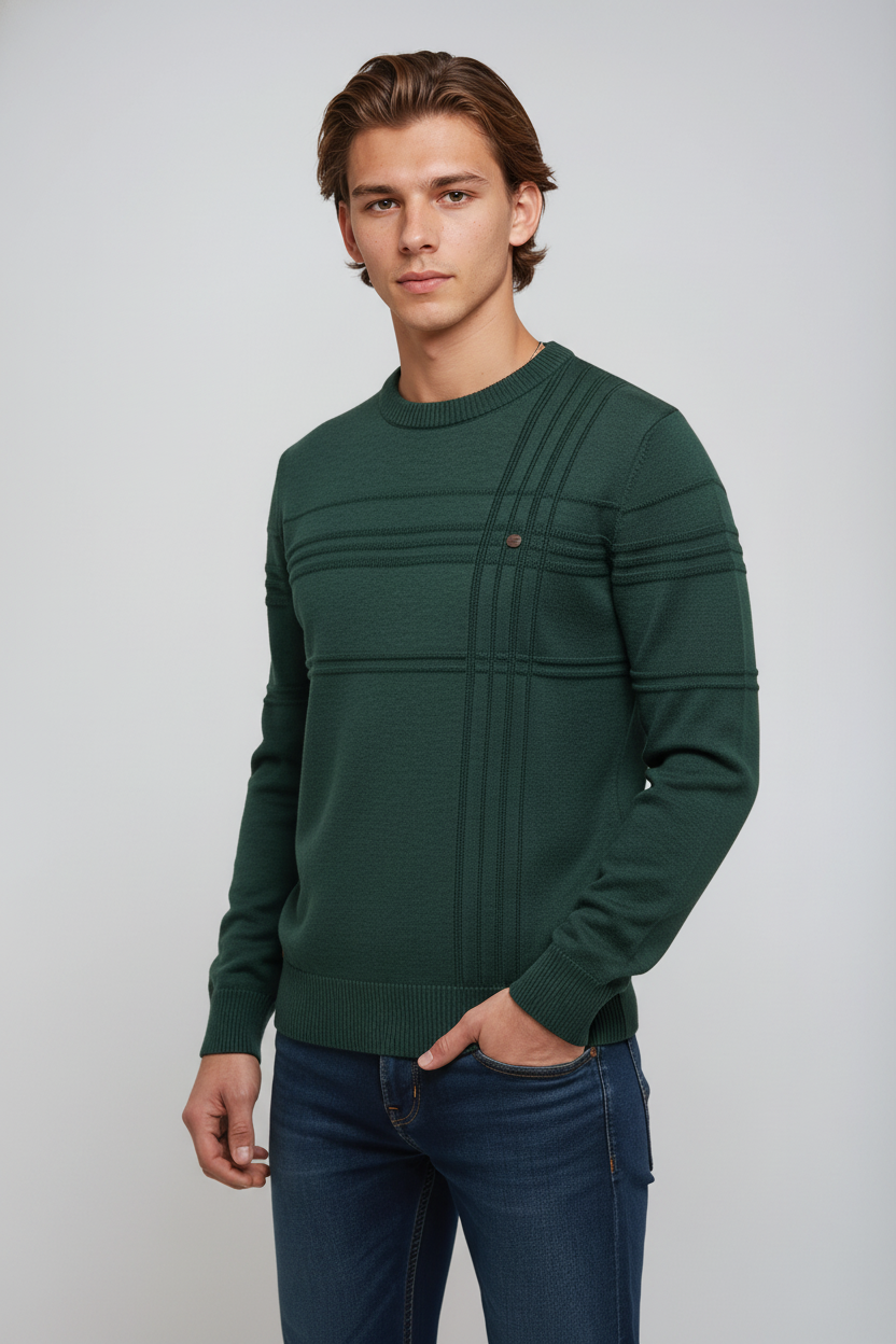 Renvor - Sweter Męski Prążkowany Z Okrągłym Dekoltem
