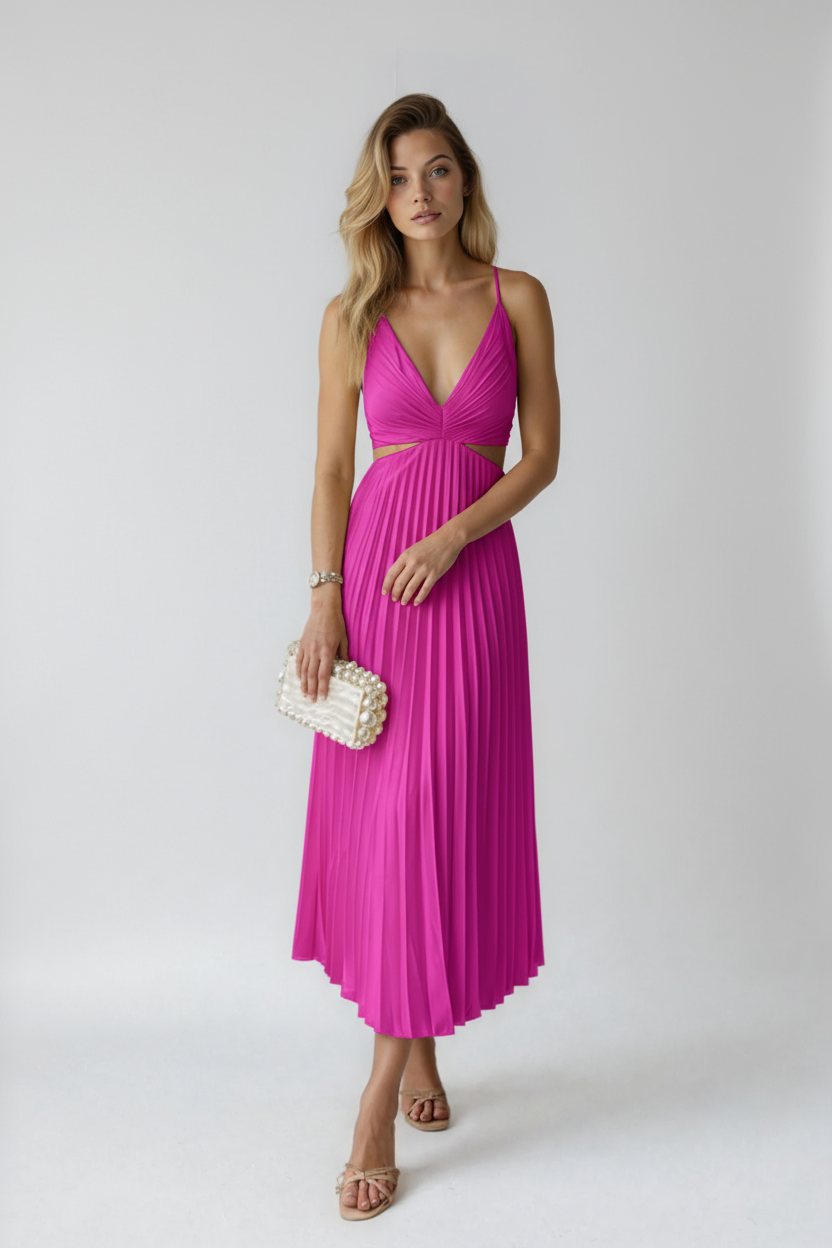 Sukienka Plisowana Midi | Zwiewny Fason z Plisowanym Dółem