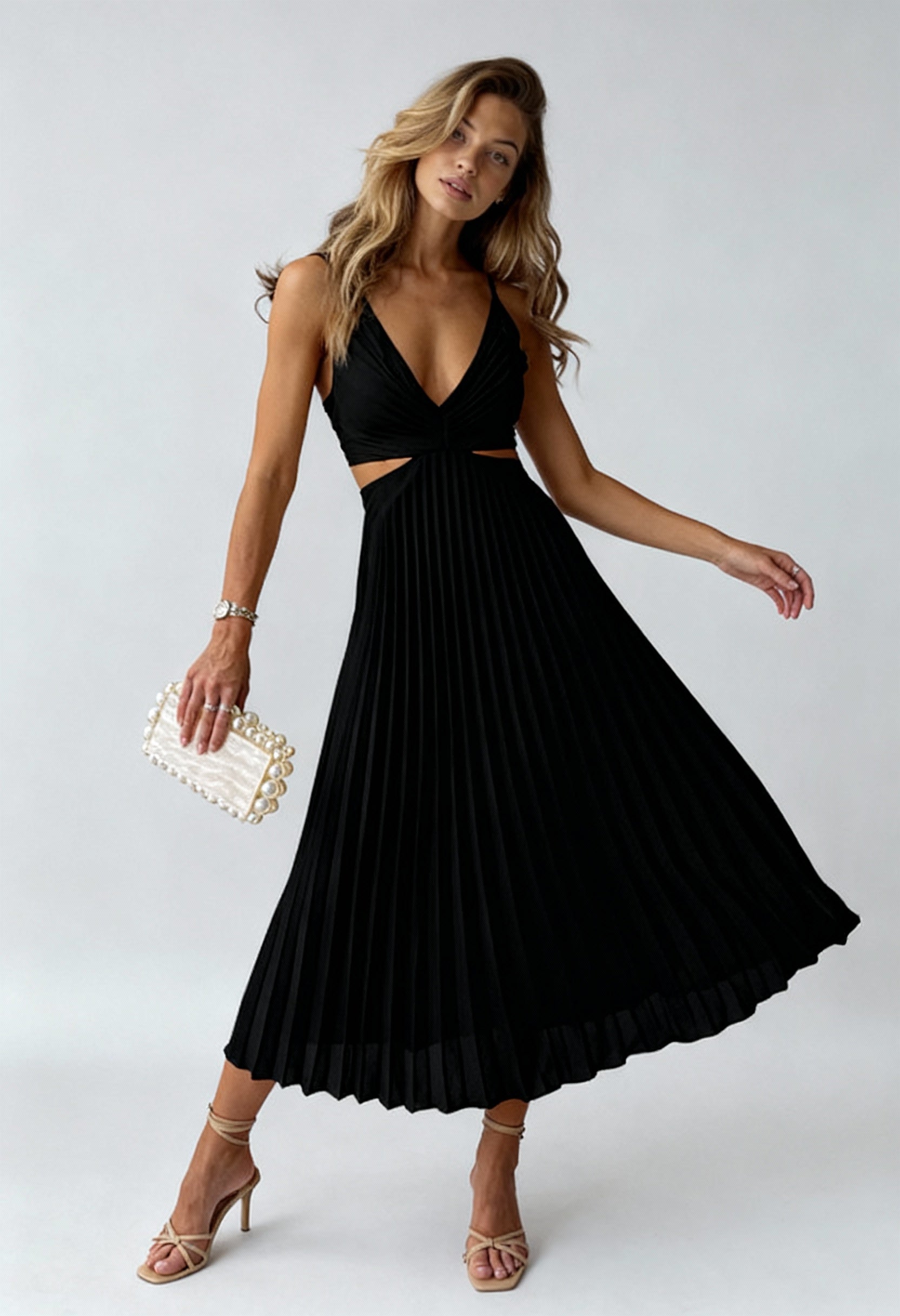 Sukienka Plisowana Midi | Zwiewny Fason z Plisowanym Dółem