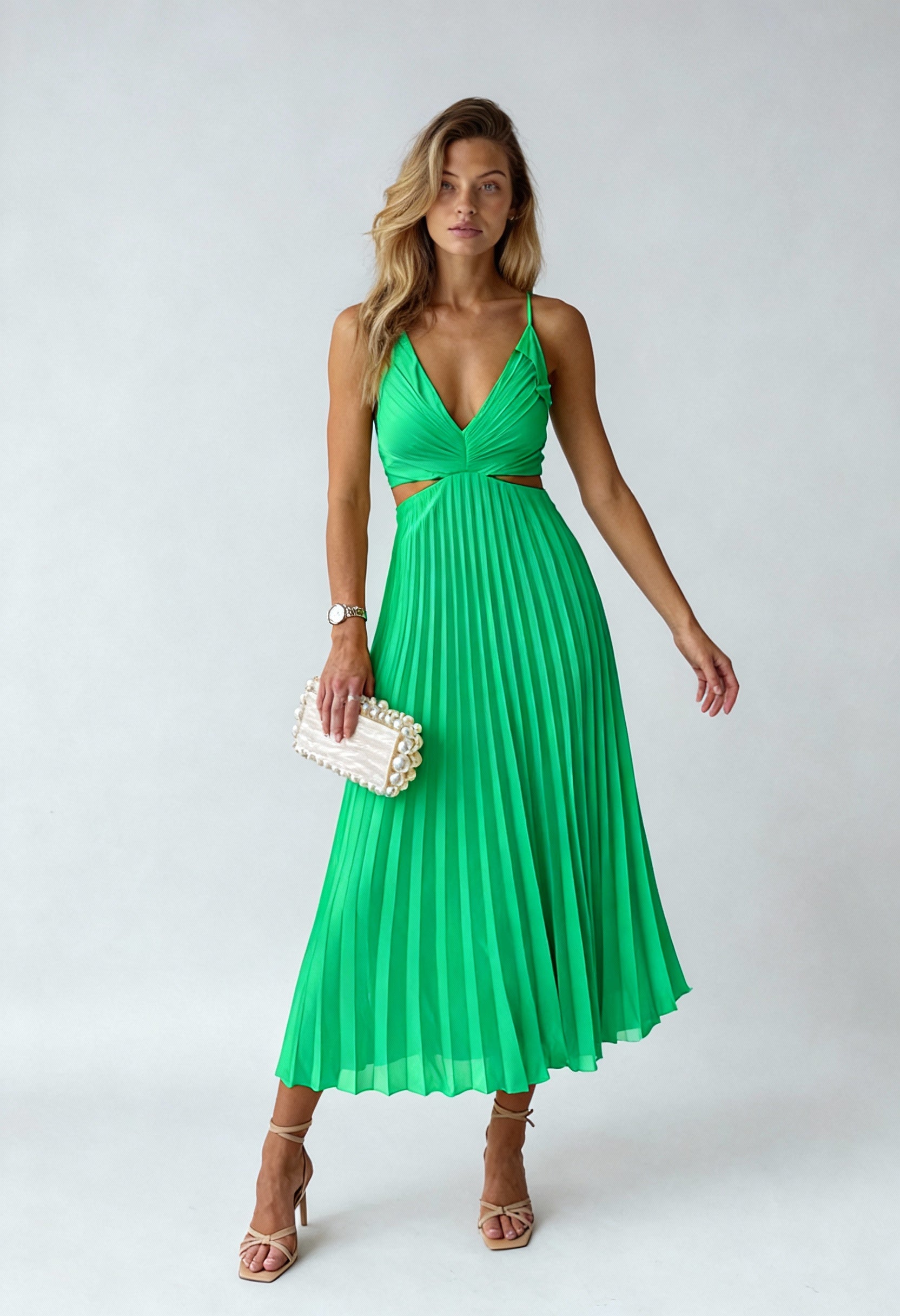 Sukienka Plisowana Midi | Zwiewny Fason z Plisowanym Dółem