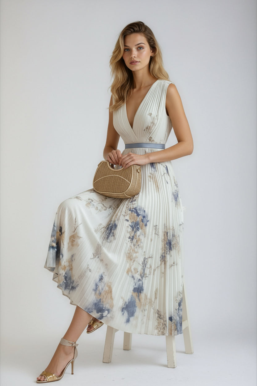 Sukienka Plisowana Midi | Głębokie Dekoltowanie i Pasek w Talii