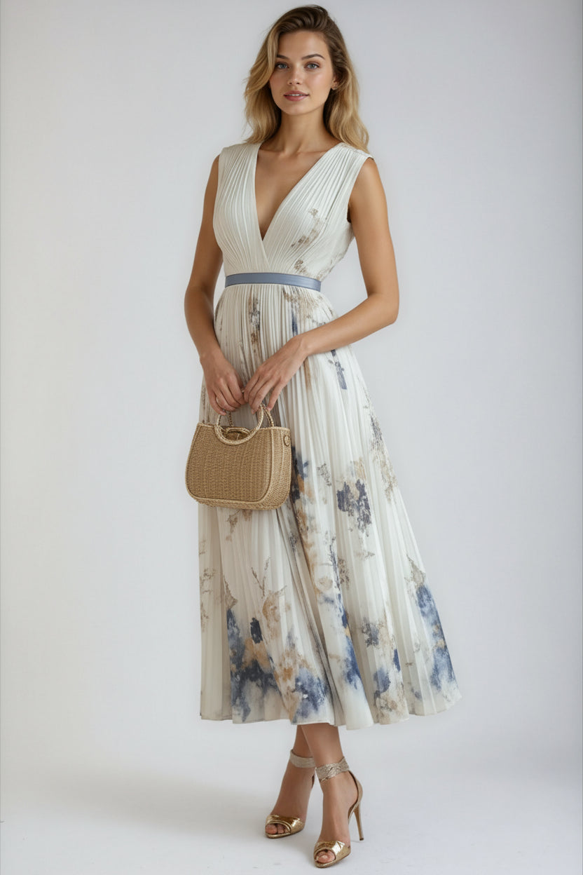 Sukienka Plisowana Midi | Głębokie Dekoltowanie i Pasek w Talii