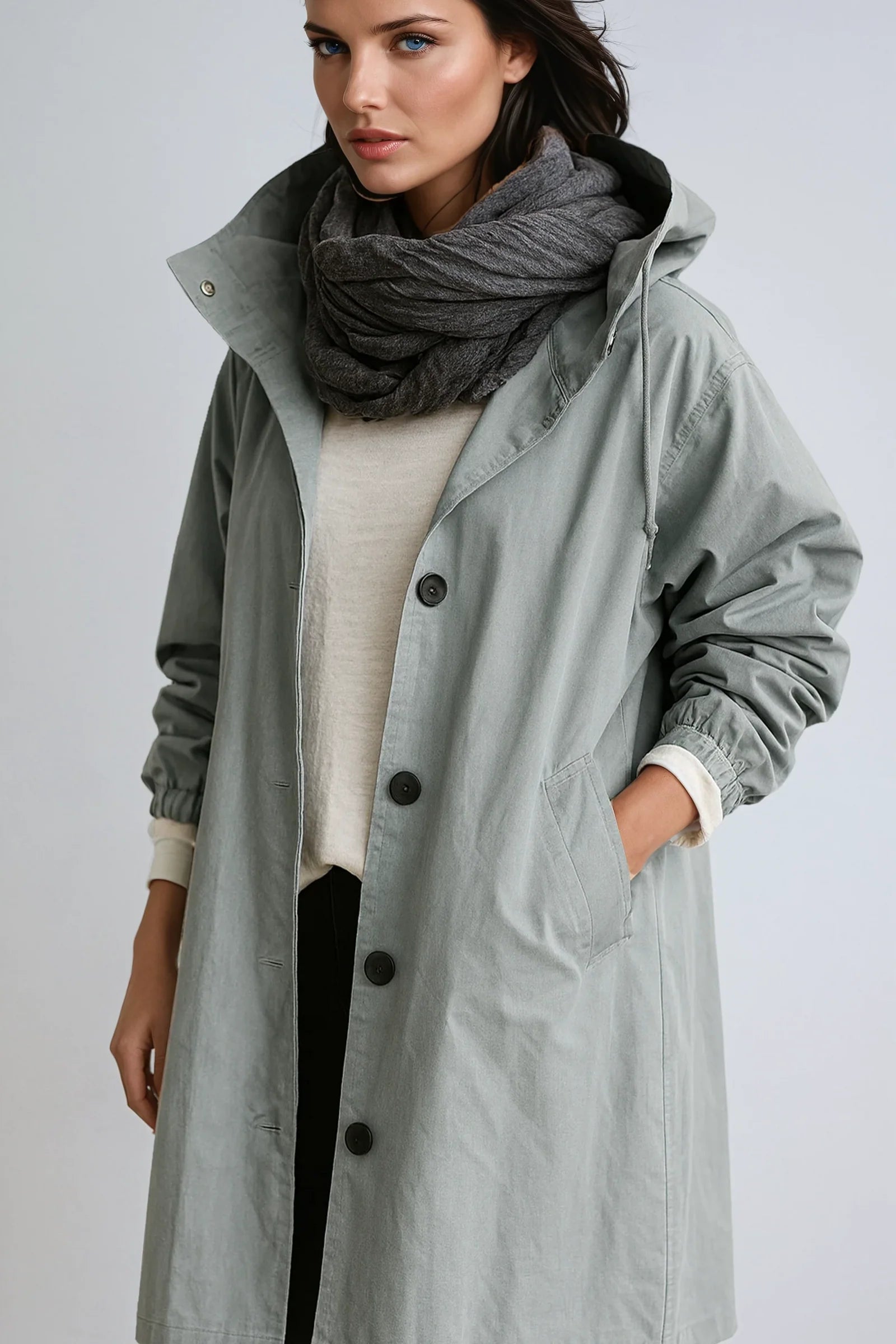 Płaszcz Damski Z Kapturem | Z Kieszeniami I Zapięciem Na Guziki