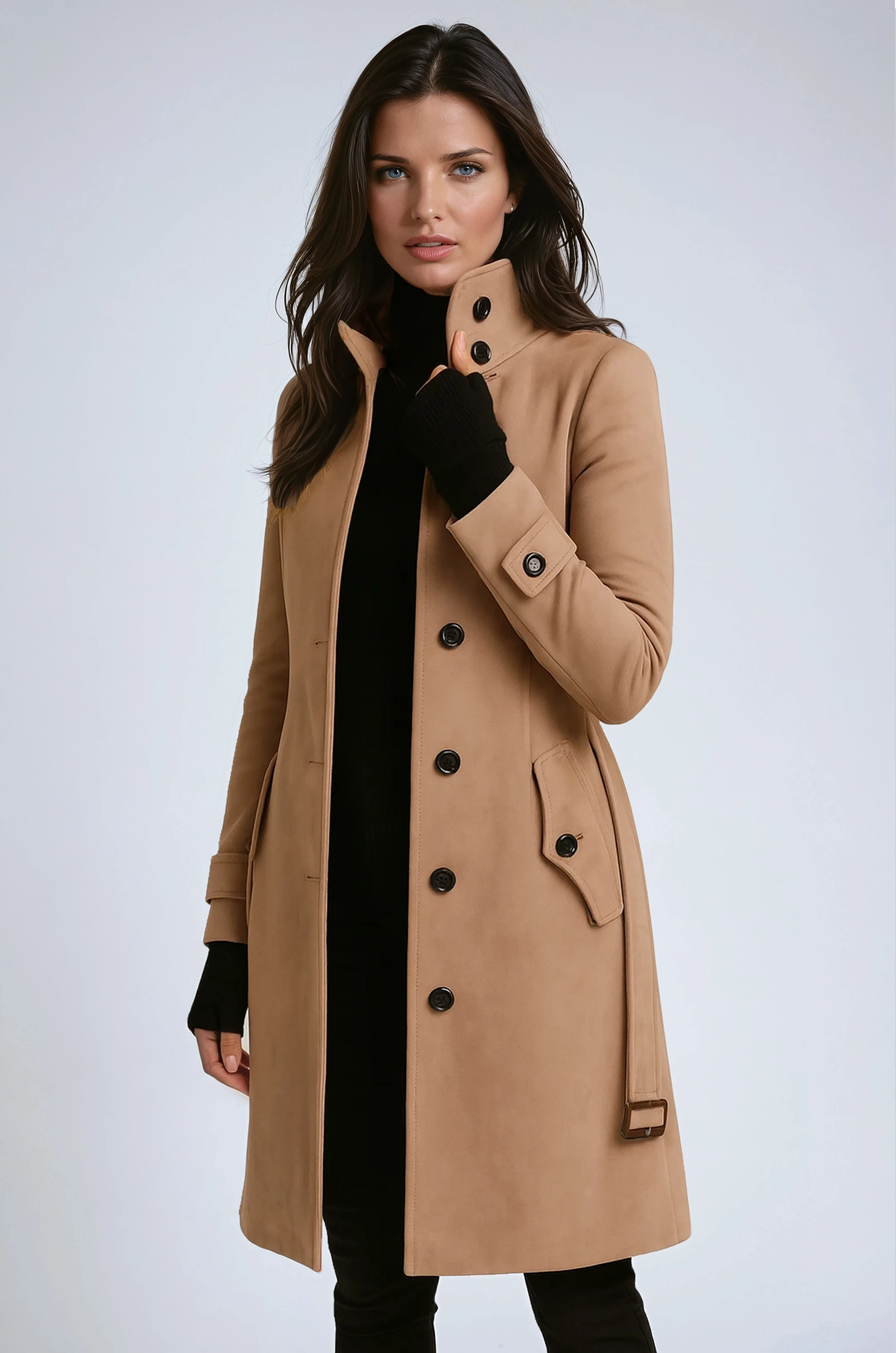 Płaszcz zimowy damski | Trenchcoat z wysokim kołnierzem