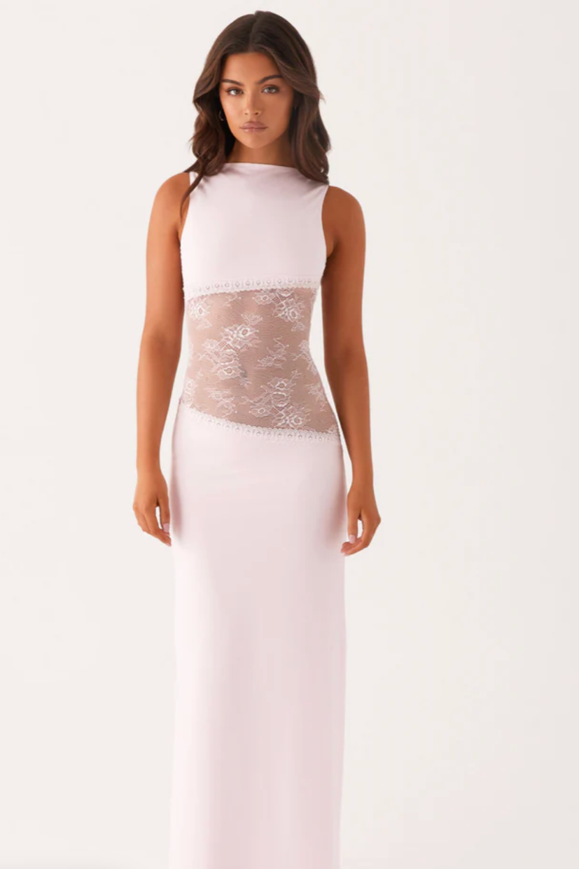 Suknia Maxi Damska | Koronkowa Talia & Wysoki Dekolt