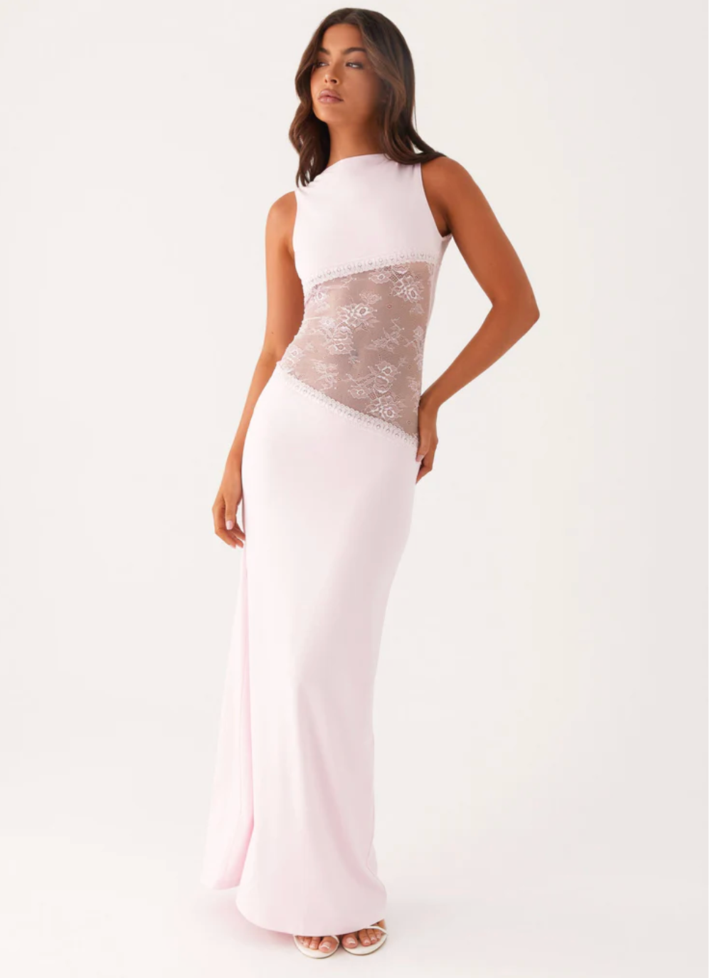 Suknia Maxi Damska | Koronkowa Talia & Wysoki Dekolt