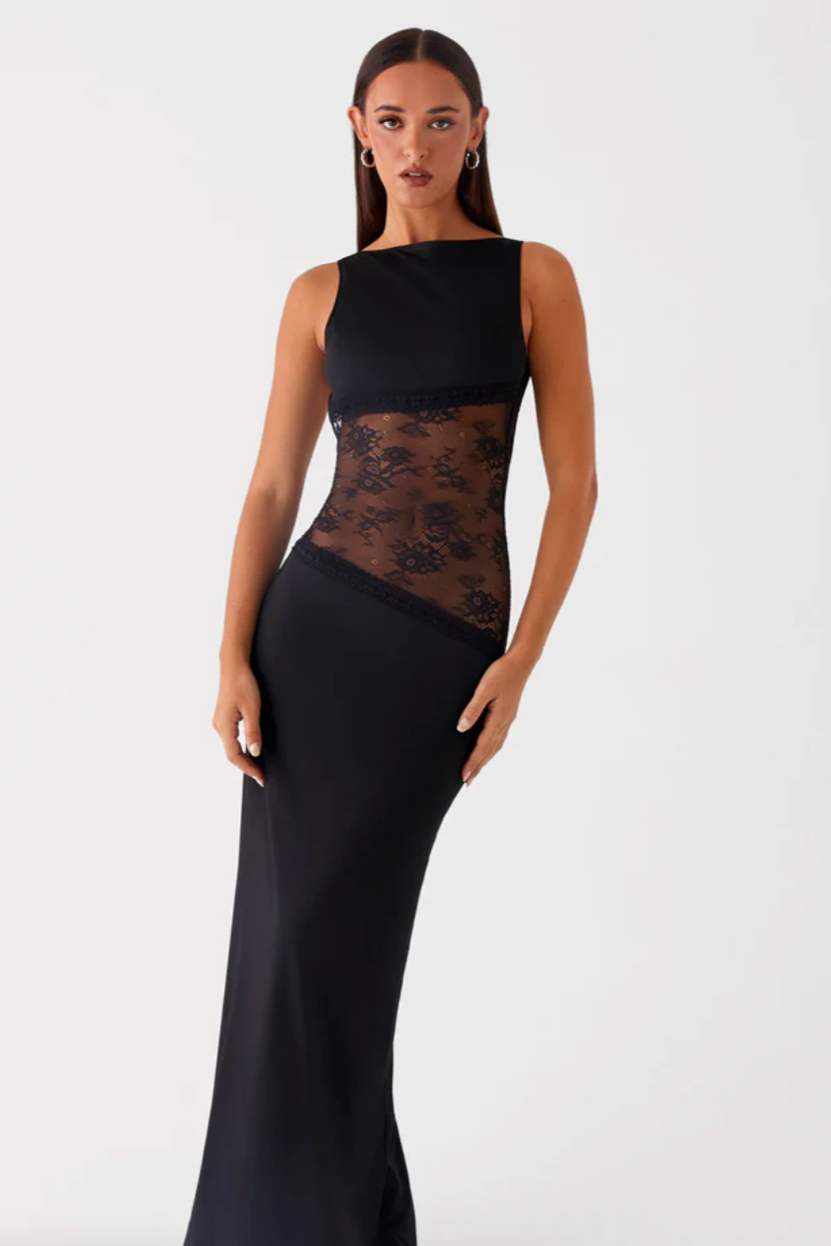 Suknia Maxi Damska | Koronkowa Talia & Wysoki Dekolt