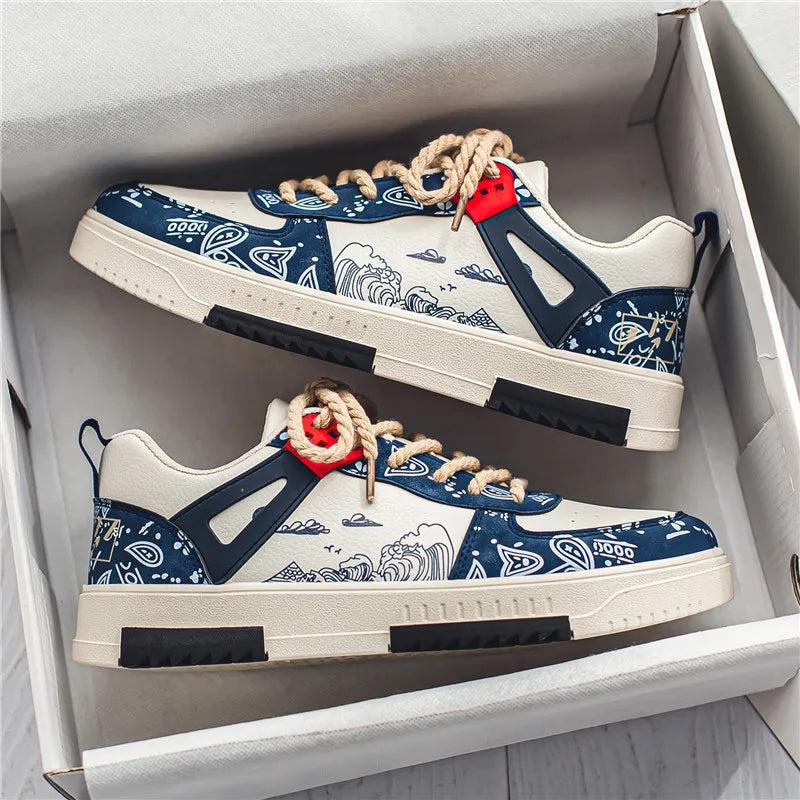 Olek | Męskie Sneakersy z Nadrukiem Fali i Niską Podeszwą