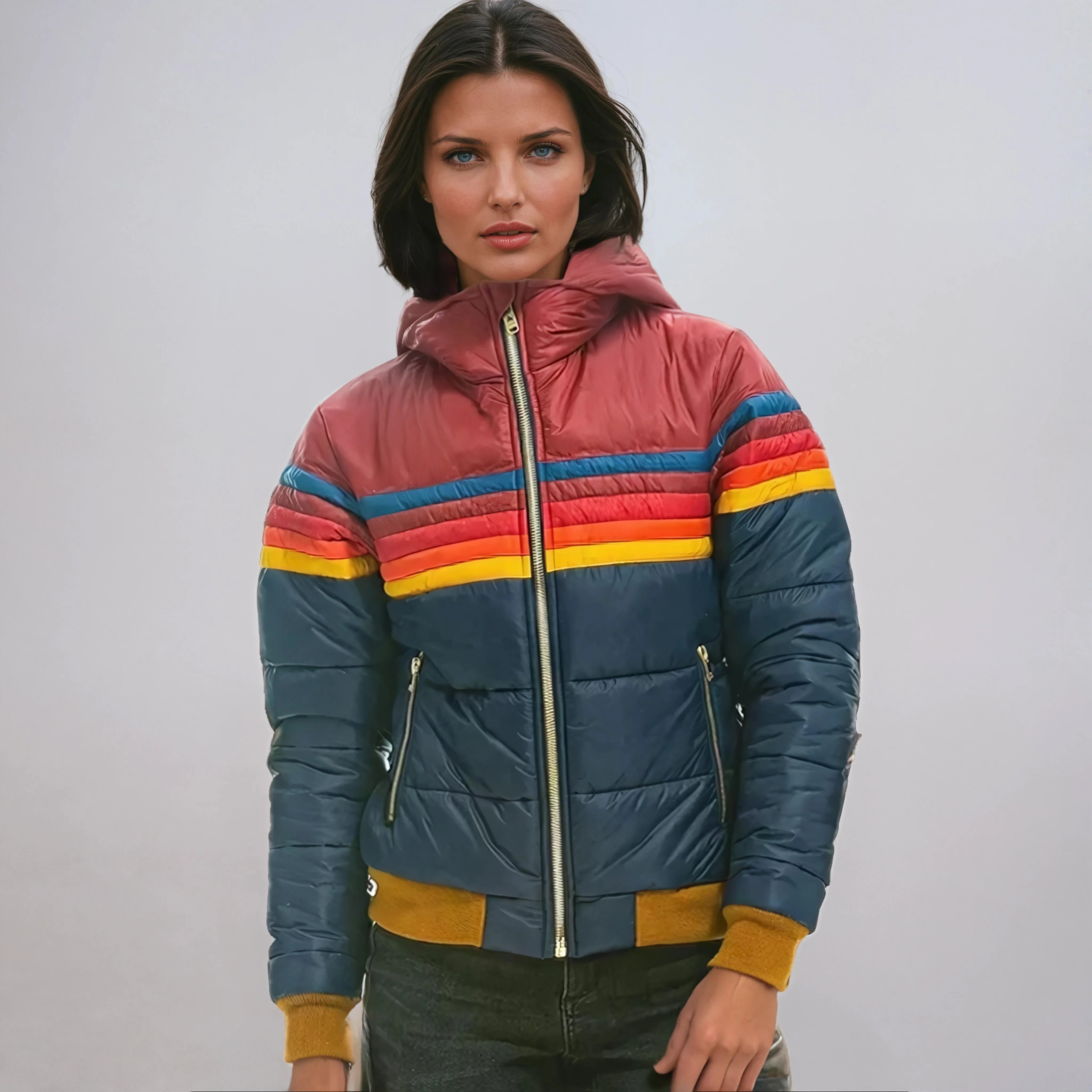 Damska Kolorowa kurtka | Krótki Krój z Kapturem