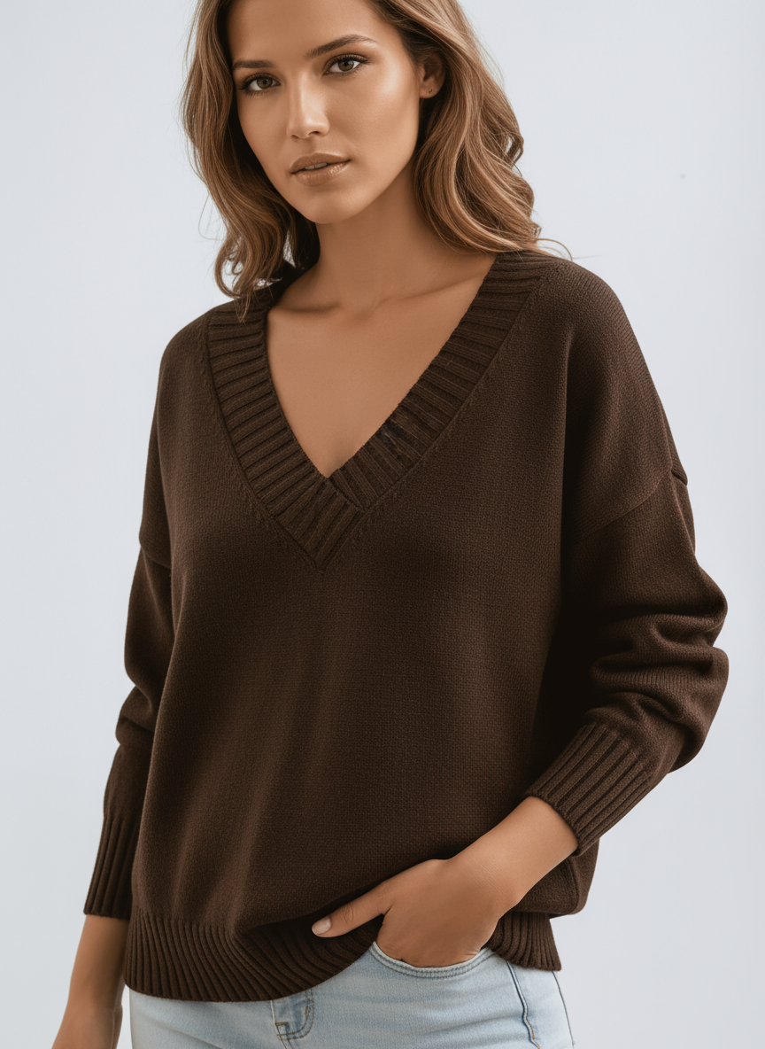 Sweter Damski z Dekoltem V | Miękka Dzianina i Luźny Krój