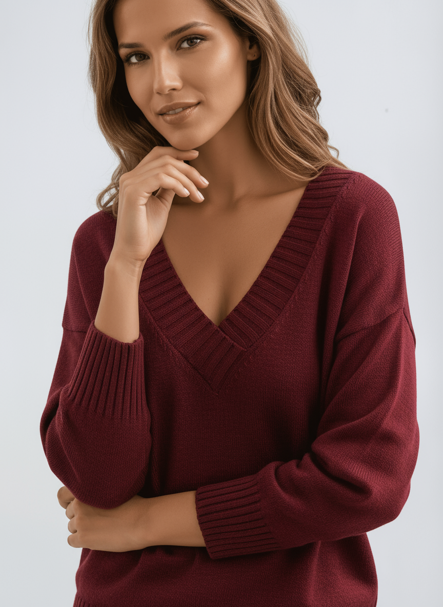 Sweter Damski z Dekoltem V | Miękka Dzianina i Luźny Krój