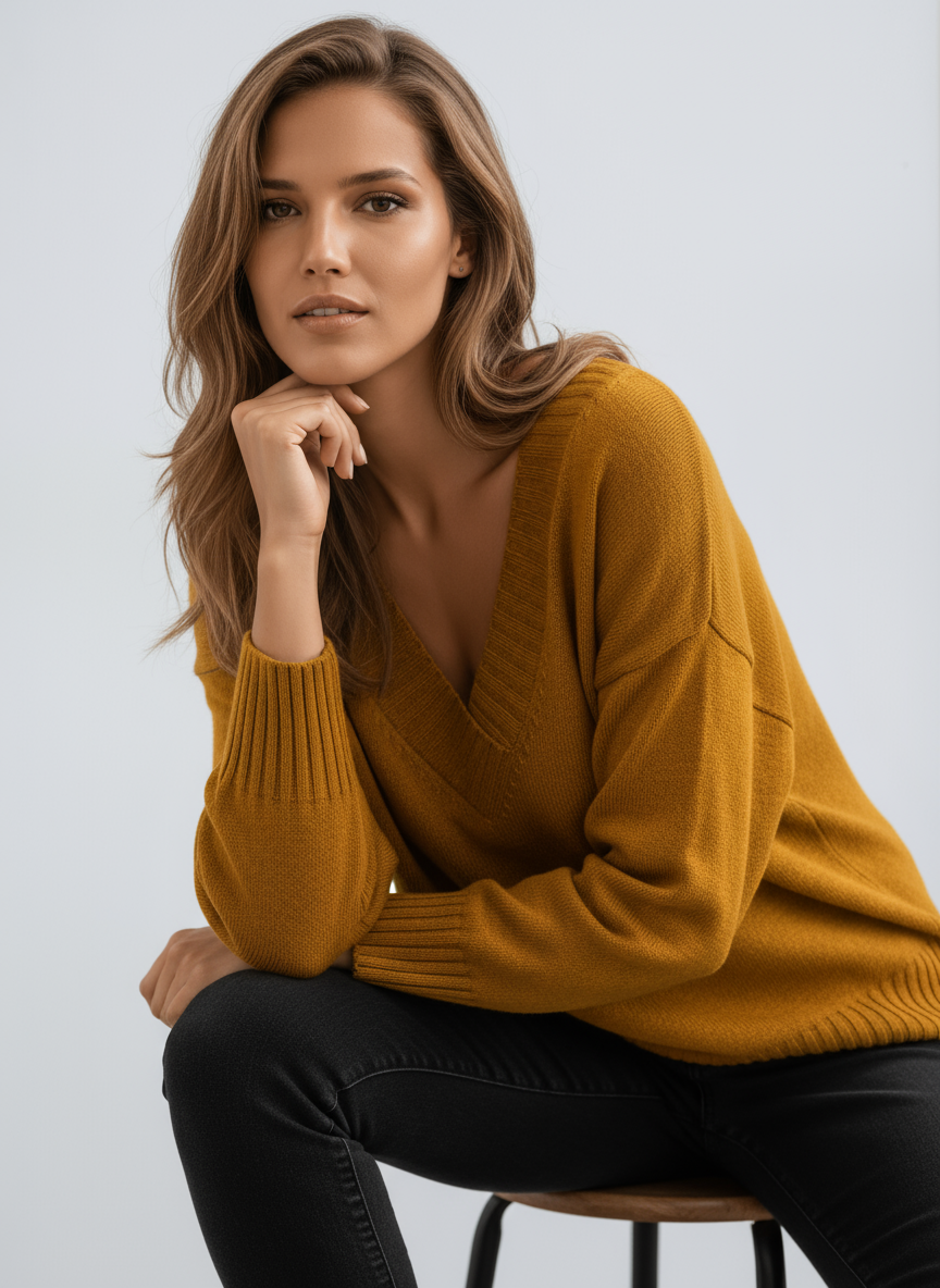 Sweter Damski z Dekoltem V | Miękka Dzianina i Luźny Krój