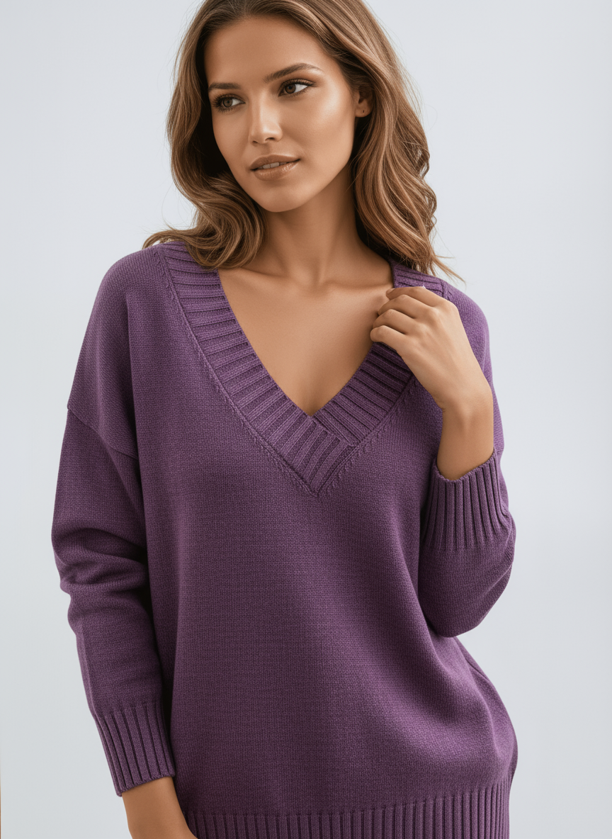 Sweter Damski z Dekoltem V | Miękka Dzianina i Luźny Krój