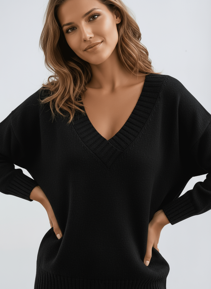 Sweter Damski z Dekoltem V | Miękka Dzianina i Luźny Krój