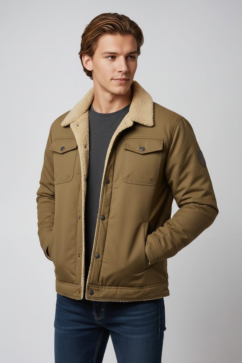 Kurtka Męska Z Podszewką Sherpa | Z Guzikami i Kieszeniami na Piersi