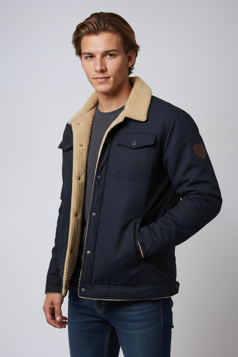 Kurtka Męska Z Podszewką Sherpa | Z Guzikami i Kieszeniami na Piersi
