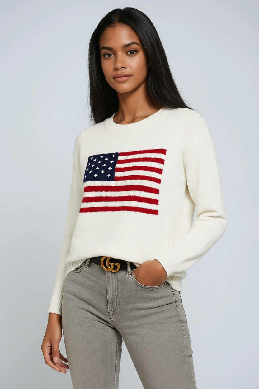Ellis - Sweter Damski z Flagą USA w Stylu Vintage
