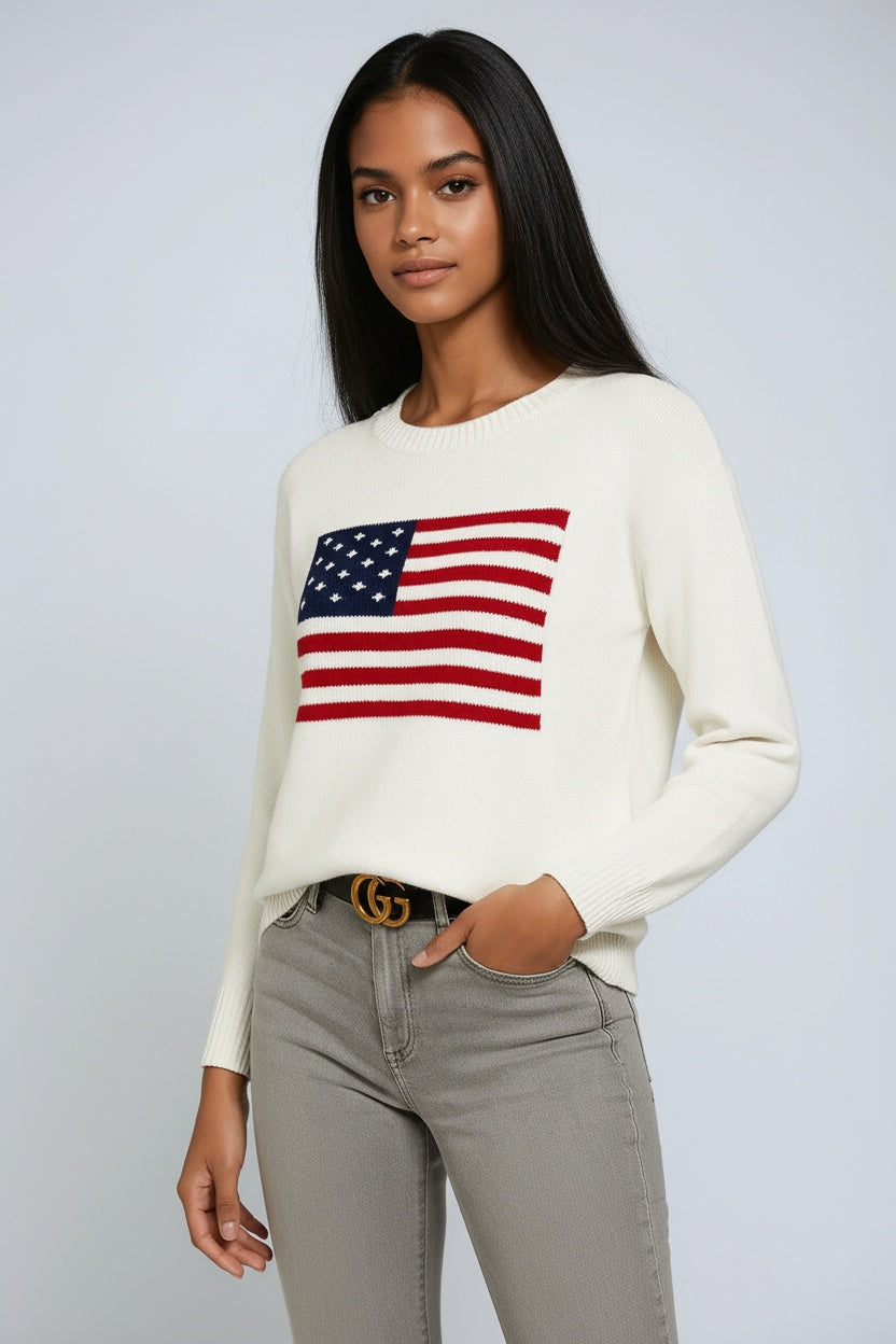 Ellis - Sweter Damski z Flagą USA w Stylu Vintage