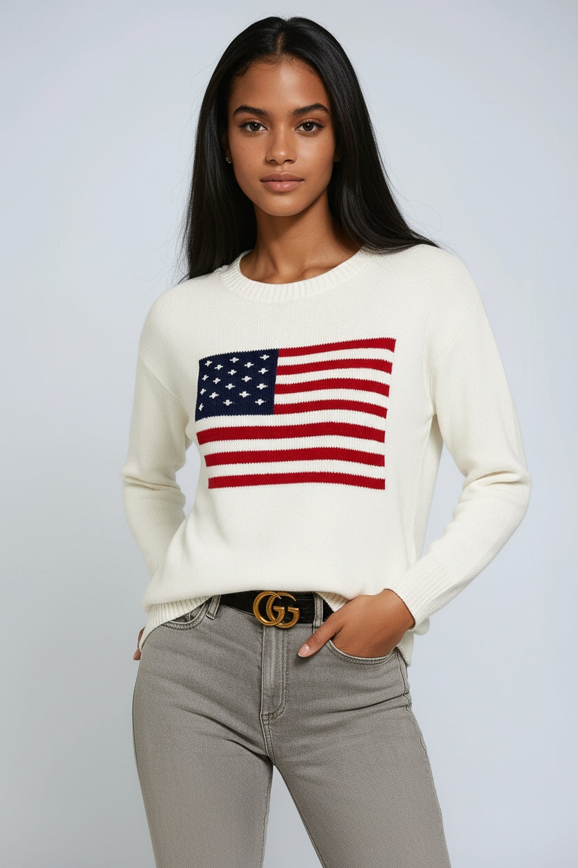 Ellis - Sweter Damski z Flagą USA w Stylu Vintage