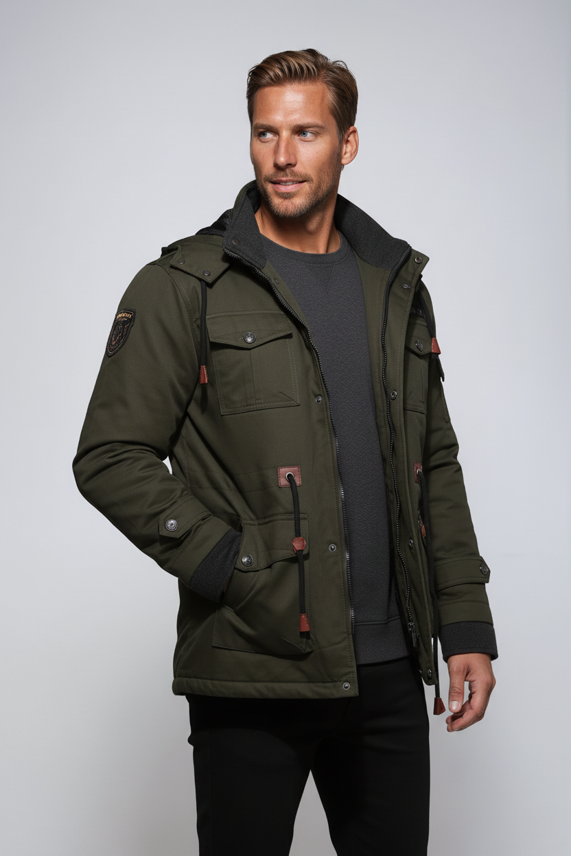 Męska Kurtka Zimowa | Ocieplana Parka z Kapturem i Wieloma Kieszeniami