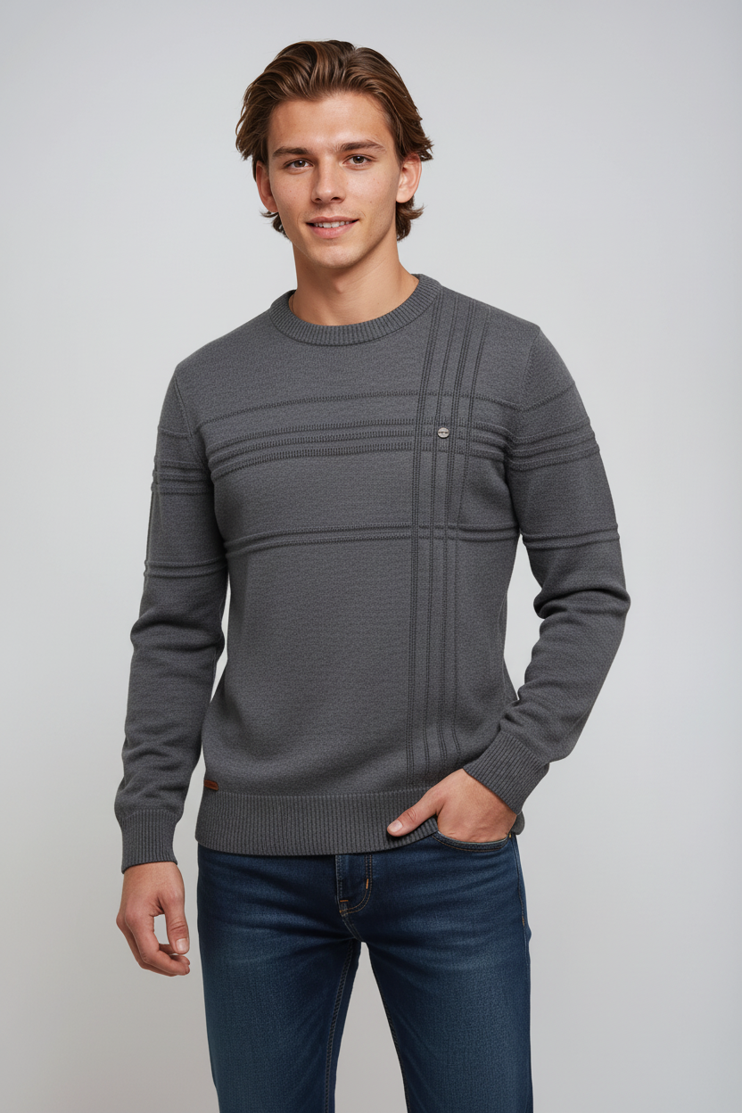 Renvor - Sweter Męski Prążkowany Z Okrągłym Dekoltem