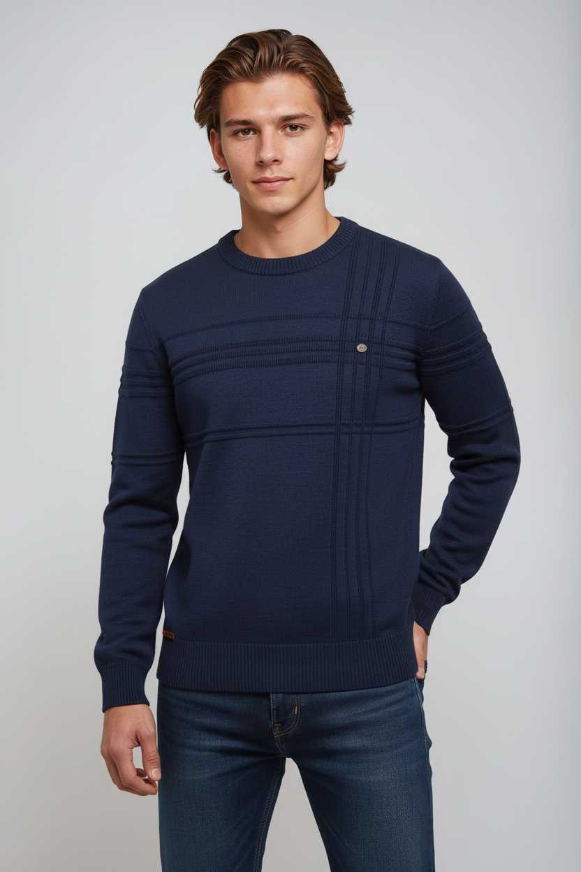 Renvor - Sweter Męski Prążkowany Z Okrągłym Dekoltem
