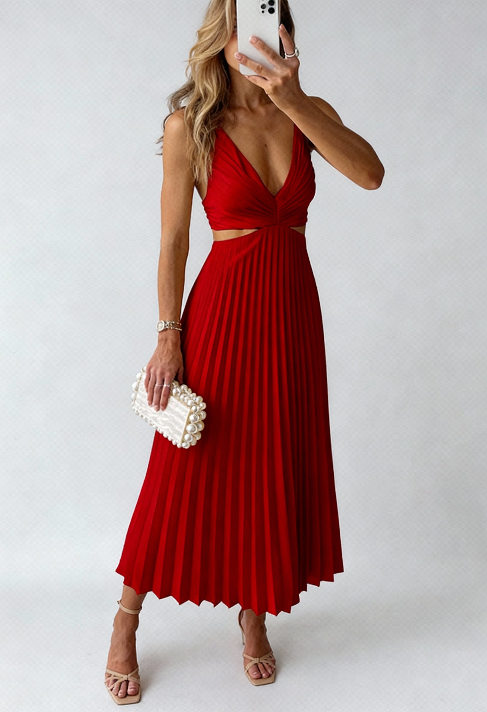 Sukienka Plisowana Midi | Zwiewny Fason z Plisowanym Dółem