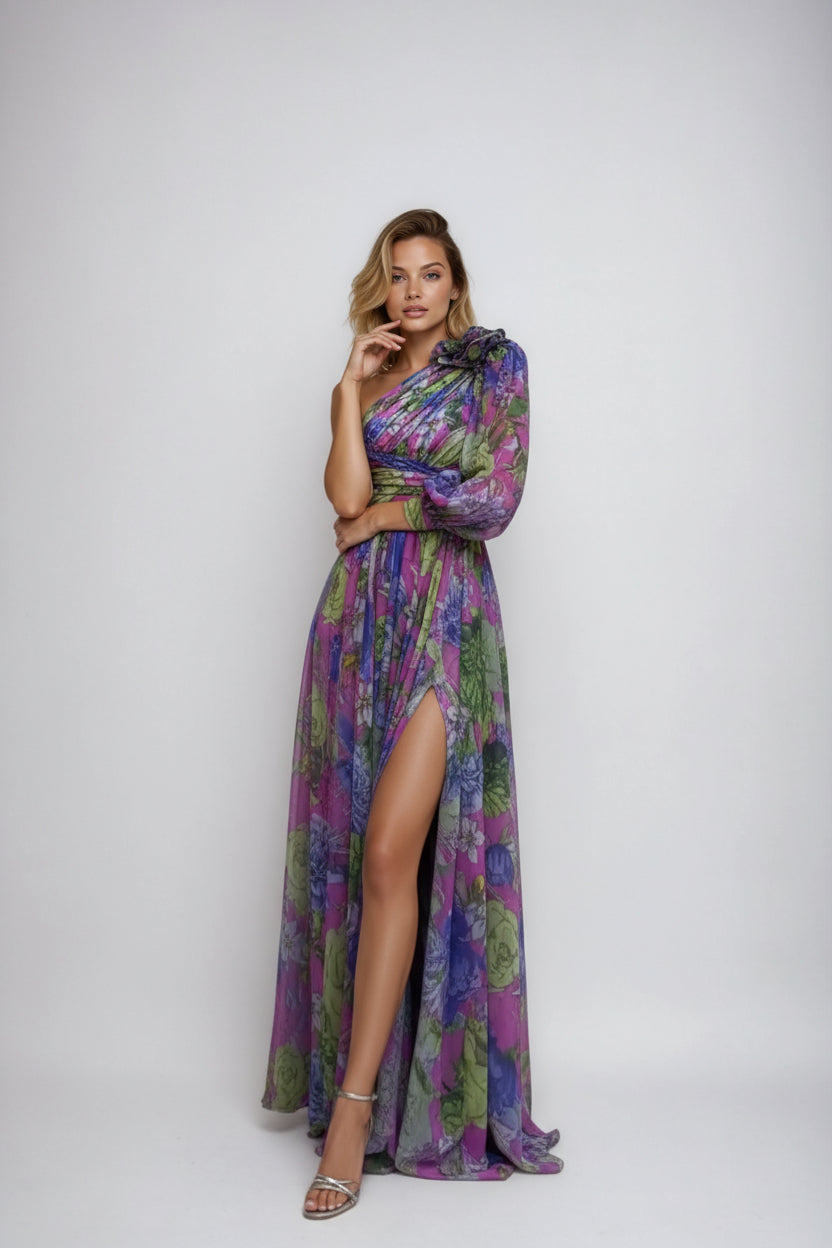 Sukienka Maxi | Asymetryczna Linia z Drapowaniem i Rozcięciem